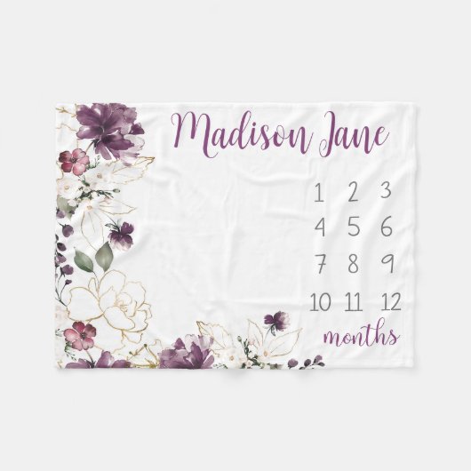 Paarse Gouden Bloemen Baby Milestone Deken Meisje (Voorkant (Horizontaal))