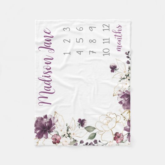 Paarse Gouden Bloemen Baby Milestone Deken Meisje (Voorkant)