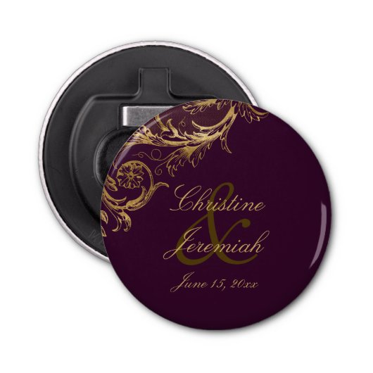 Paarse Gouden Bloemen Damask Script Wedding Button Flesopener (Voorkant)
