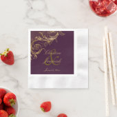Paarse Gouden Bloemen Damask Script Wedding Servet (Insitu)