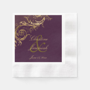  Paarse Gouden Bloemen Damask Script Wedding Servet