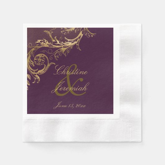 Paarse Gouden Bloemen Damask Script Wedding Servet (Voorkant)