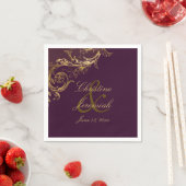  Paarse Gouden Bloemen Damask Script Wedding Servet (Insitu)