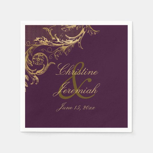  Paarse Gouden Bloemen Damask Script Wedding Servet (Voorkant)
