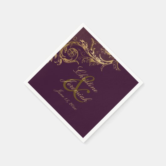  Paarse Gouden Bloemen Damask Script Wedding Servet (Hoek)