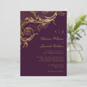  Paarse Gouden Bloemen Damask Wedding Kaart (Staand voorkant)