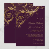  Paarse Gouden Bloemen Damask Wedding Kaart (Voorkant / Achterkant)
