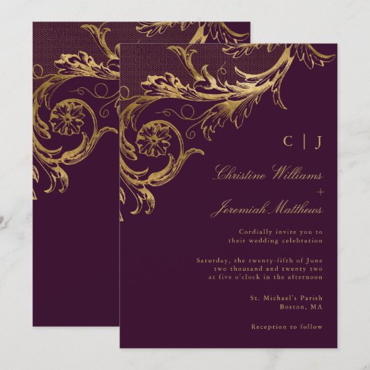  Paarse Gouden Bloemen Damask Wedding Kaart (Voorkant / Achterkant)