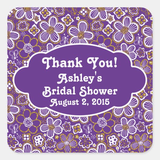 Paarse gouden bloemen dank u Vrijgezellenfeest Vierkante Sticker (Voorkant)