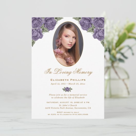 Paarse gouden bloemen foto herdenkingsdienst kaart (Staand voorkant)