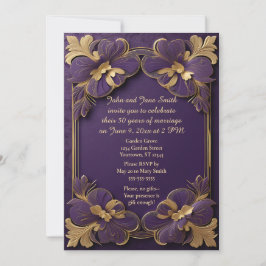 Paarse & Gouden Bloemen Gouden Lijst 50ste Verjaar Kaart