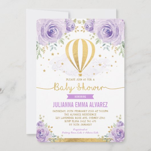 Paarse Gouden Bloemen Hete Luchtballon Baby shower Kaart (Voorkant)
