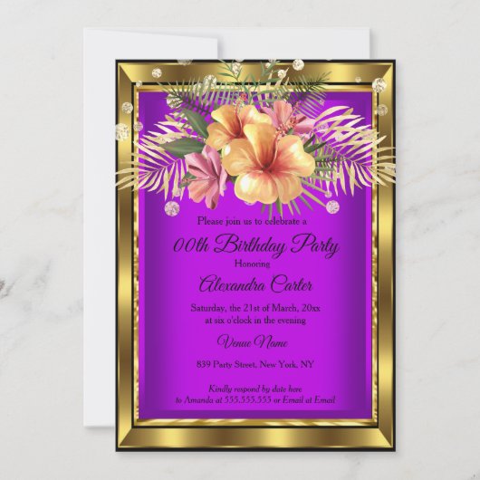 Paarse gouden bloemen Hibiscus Birthday Party Kaart (Voorkant)