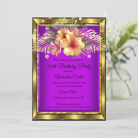 Paarse gouden bloemen Hibiscus Birthday Party Kaart (Staand voorkant)