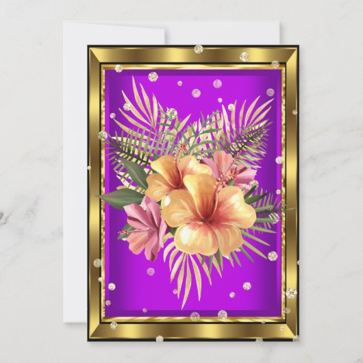 Paarse gouden bloemen Hibiscus Birthday Party Kaart (Achterkant)