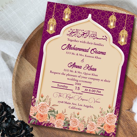 Paarse Gouden Bloemen Islamitische Moslim Bruiloft Kaart