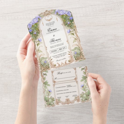 Paarse Gouden Bloemen Lijst Huwelijksuitnodiging All In One Uitnodiging (Afscheurbaar)