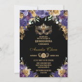 Paarse Gouden Bloemen Masquerade Ball Quinceañera Kaart (Voorkant)