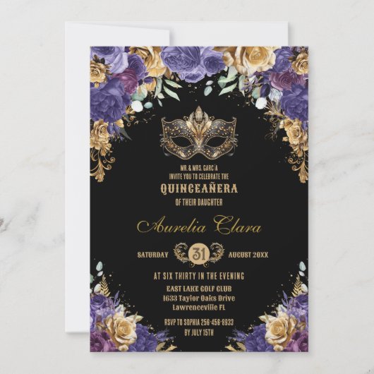 Paarse Gouden Bloemen Masquerade Ball Quinceañera Kaart (Voorkant)