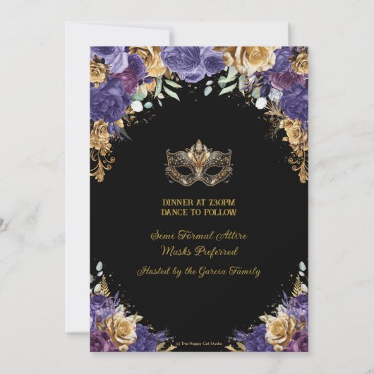Paarse Gouden Bloemen Masquerade Ball Quinceañera Kaart (Achterkant)