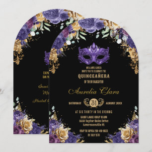 Paarse Gouden Bloemen Masquerade Ball Quinceañera Kaart