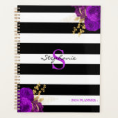 Paarse Gouden Bloemen Monogram Zwart Strepen 2024 Planner (Voorkant)