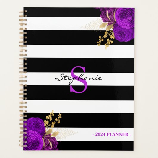Paarse Gouden Bloemen Monogram Zwart Strepen 2024 Planner (Voorkant)