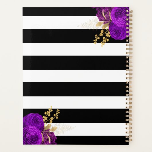 Paarse Gouden Bloemen Monogram Zwart Strepen 2024 Planner (Achterkant)