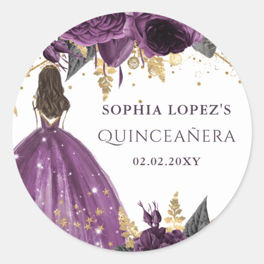 Paarse Gouden Bloemen Prinses Quinceanera Ronde Sticker (Voorkant)