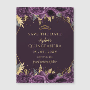 Paarse Gouden Bloemen Quinceañera Save the Date