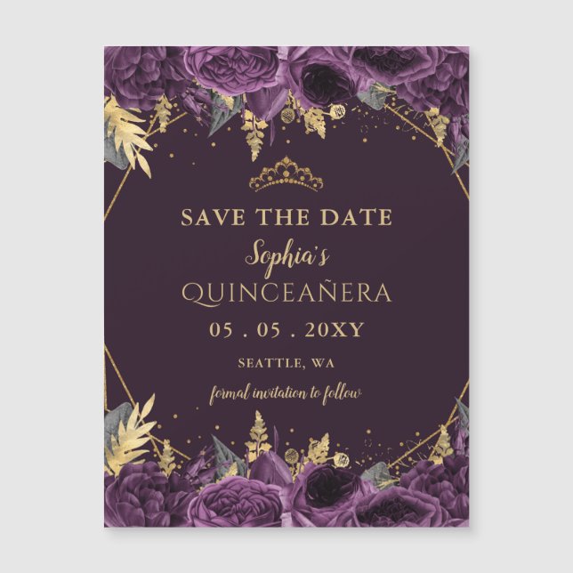 Paarse Gouden Bloemen Quinceañera Save the Date (Voorkant)