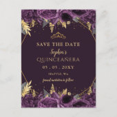 Paarse Gouden Bloemen Quinceañera Save the Date Aankondigingskaart (Voorkant)
