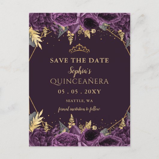 Paarse Gouden Bloemen Quinceañera Save the Date Aankondigingskaart (Voorkant)