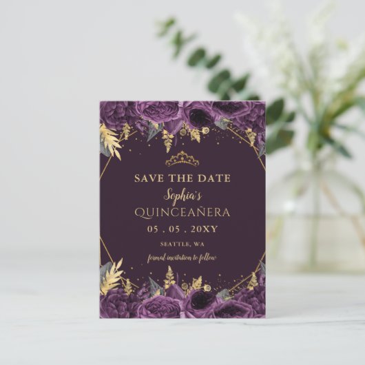 Paarse Gouden Bloemen Quinceañera Save the Date Aankondigingskaart (Staand voorkant)