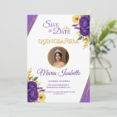 Paarse & Gouden Bloemen Quinceañera Save the Date Kaart (Staand voorkant)