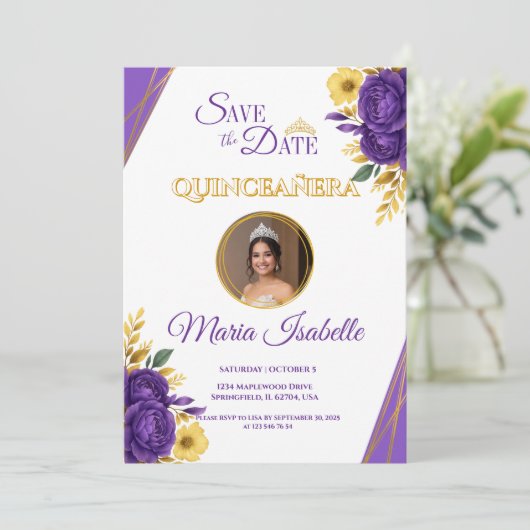 Paarse & Gouden Bloemen Quinceañera Save the Date Kaart (Staand voorkant)