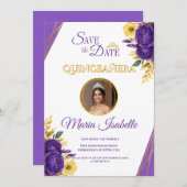 Paarse & Gouden Bloemen Quinceañera Save the Date Kaart (Voorkant / Achterkant)