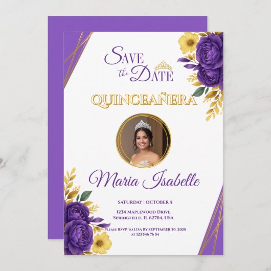 Paarse & Gouden Bloemen Quinceañera Save the Date Kaart (Voorkant / Achterkant)