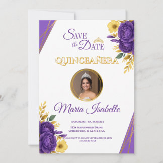 Paarse & Gouden Bloemen Quinceañera Save the Date Kaart