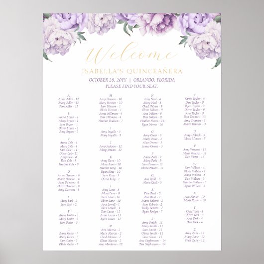 Paarse & Gouden Bloemen Quinceañera Zitting Grafie Poster (Voorkant)