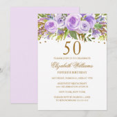 Paarse Gouden Bloemen Roos 50ste Verjaardag Kaart (Voorkant / Achterkant)