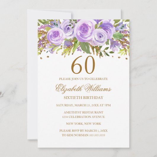 Paarse Gouden Bloemen Roos 60ste Verjaardag Kaart (Voorkant)