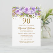 Paarse Gouden Bloemen Roos 90ste Verjaardag Kaart (Staand voorkant)