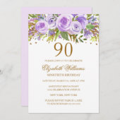 Paarse Gouden Bloemen Roos 90ste Verjaardag Kaart (Voorkant / Achterkant)