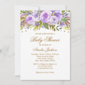 Paarse Gouden Bloemen Roos Baby shower Uitnodiging (Voorkant)