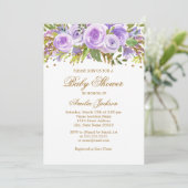 Paarse Gouden Bloemen Roos Baby shower Uitnodiging (Staand voorkant)