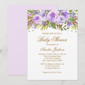 Paarse Gouden Bloemen Roos Baby shower Uitnodiging (Voorkant / Achterkant)