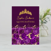 Paarse Gouden Bloemen Roos Quinceanera Folie Uitnodiging (Staand Voorkant)