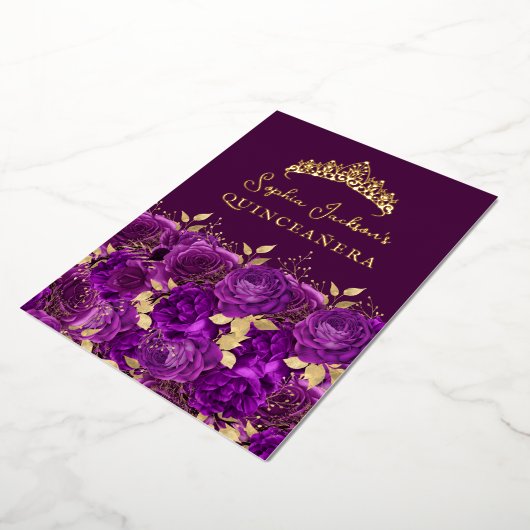Paarse Gouden Bloemen Roos Quinceanera Folie Uitnodiging (Gedraaid)