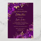 Paarse Gouden Bloemen Roos Quinceanera Folie Uitnodiging (Achterkant)